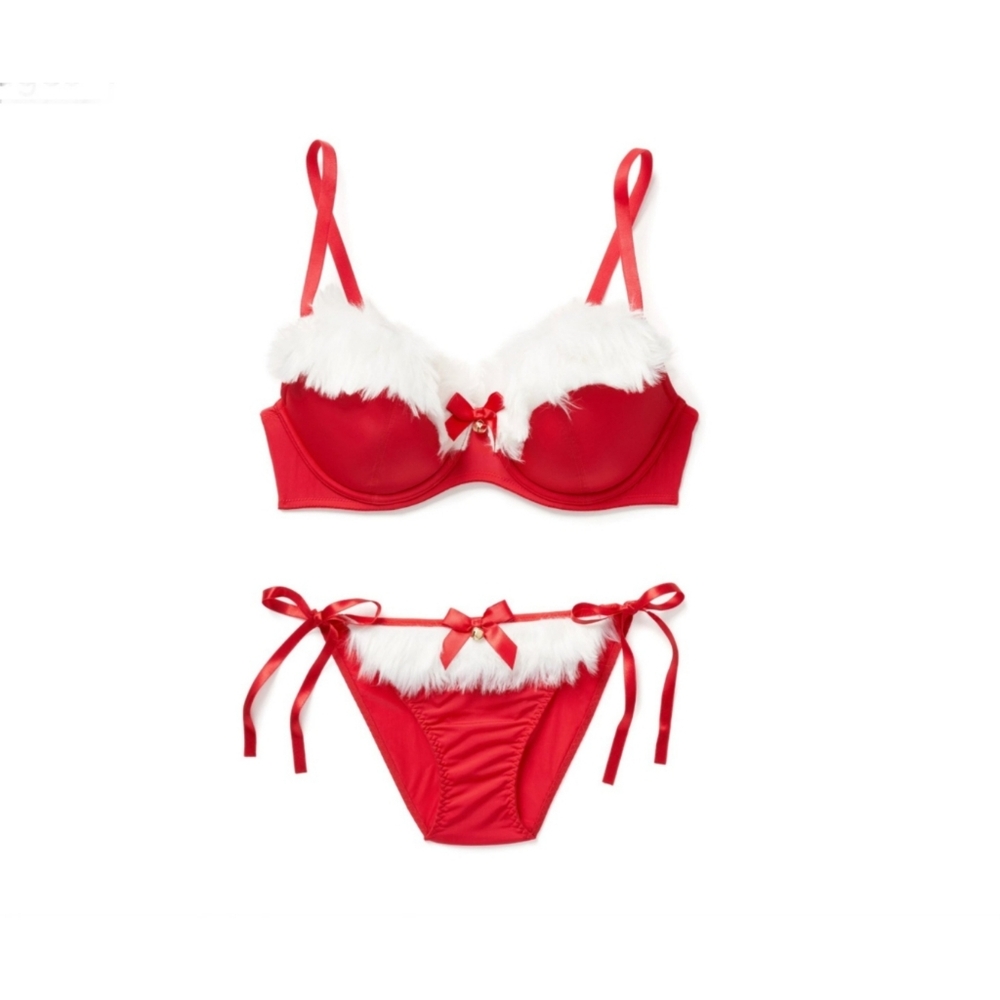 NWT Adore Me Claussa Lingerie Set 42C 4X Push Up Bra Bikini Faux Fur Red Holiday